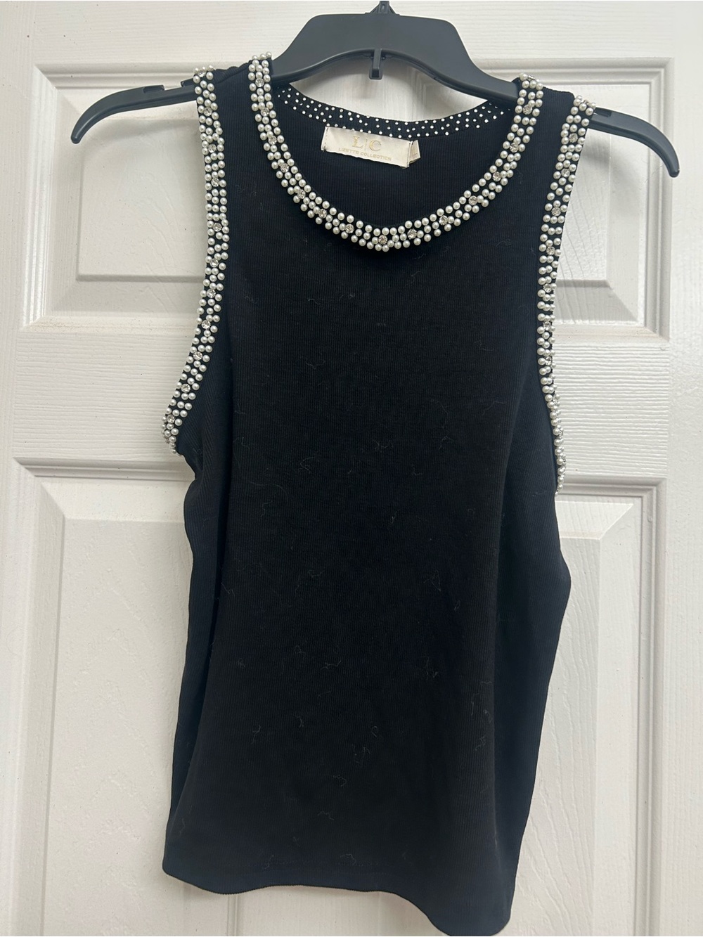 Pearl-Trim Black Sleeveless Tank Top